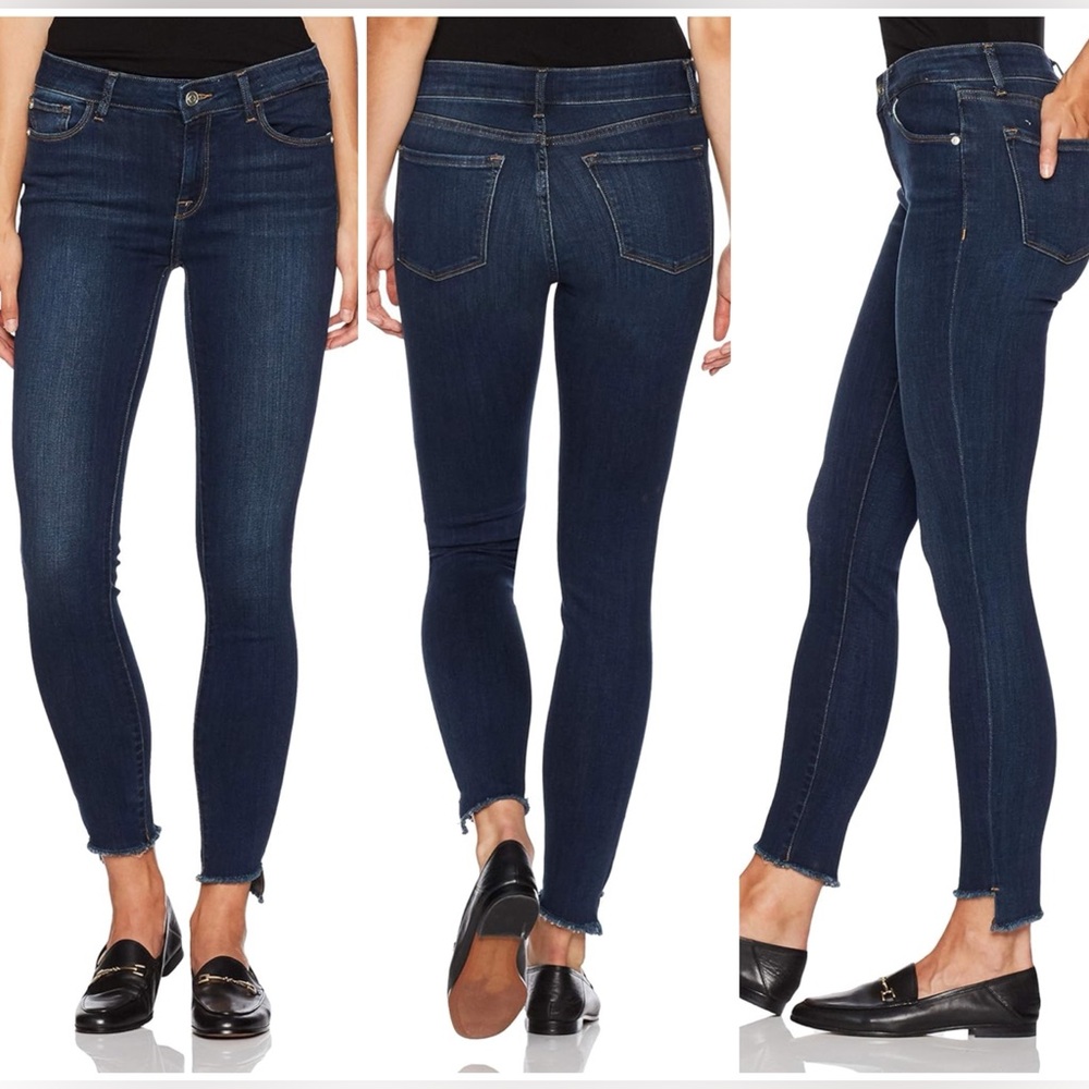 Madison Astor midrise skinny ankle jeans with frayed-hem, size 8/29, dark blue